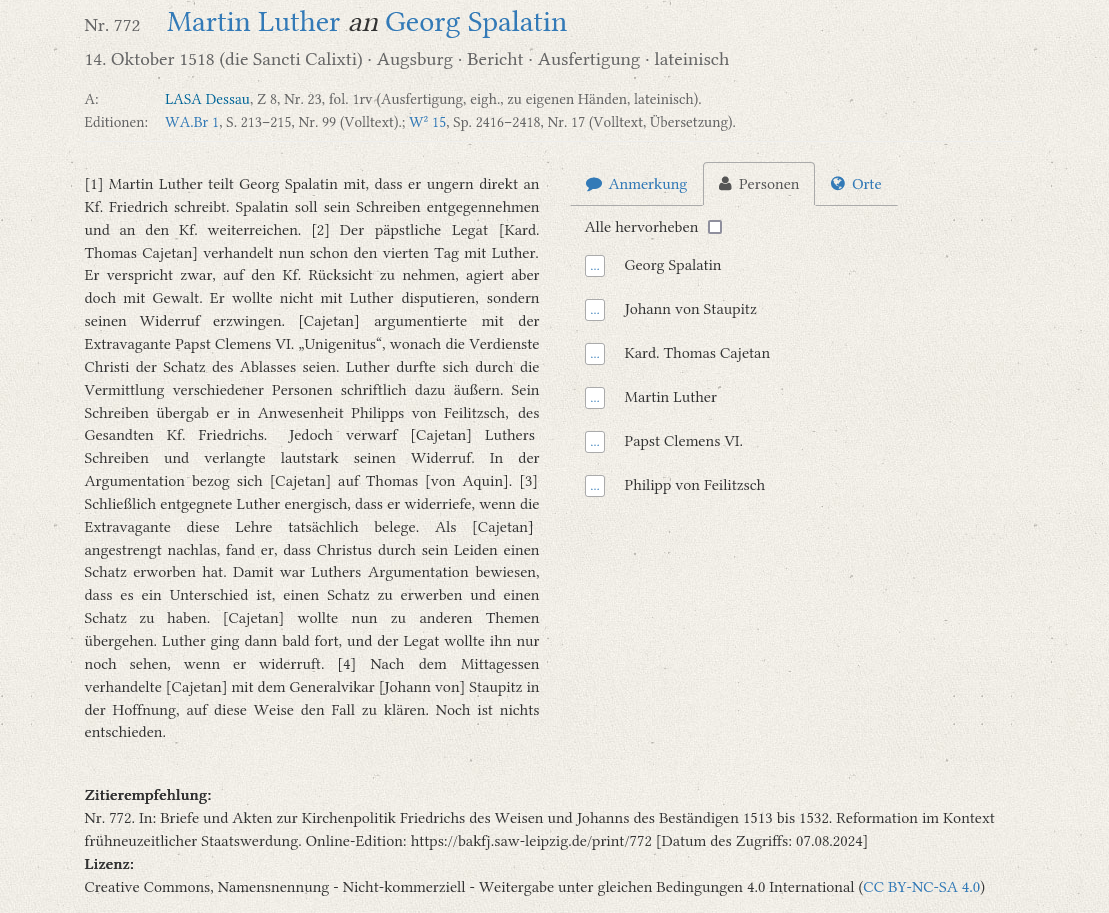 Beispiel: Ein Bericht von Oktober 1518, Martin Luther an Georg Spalatin- Link zu https://bakfj.saw-leipzig.de/doc/443?query_id=66b388fd2ecb6