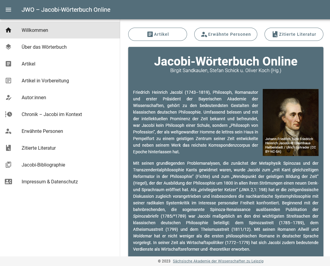Abbildung der Startseite des Jacobi-Online-Wörterbuchs.