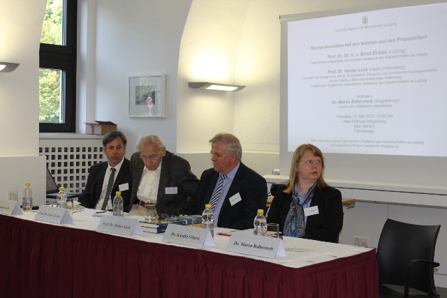 Dr. Wieland Carls, Prof. Dr. Dr. h. c. Ernst Eichler, Prof. Dr. Heiner Lück, Dr. Katalin Gönczi (v.l.), Foto: Cornelia Poenicke
