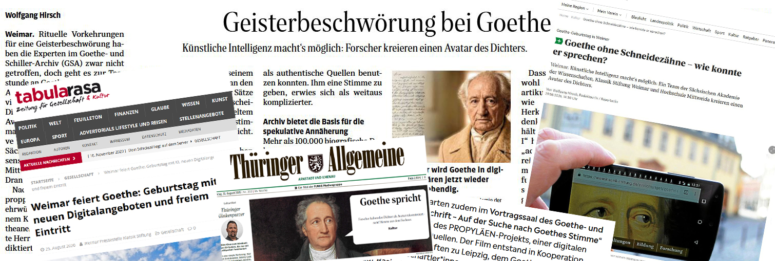 Collage mehrerer Zeitungs- und Internetartikel, erkennbar ist u.a. die Überschrift "Geisterbeschwörung bei Goethe" und ein KI-generiertes Porträt des Dichters