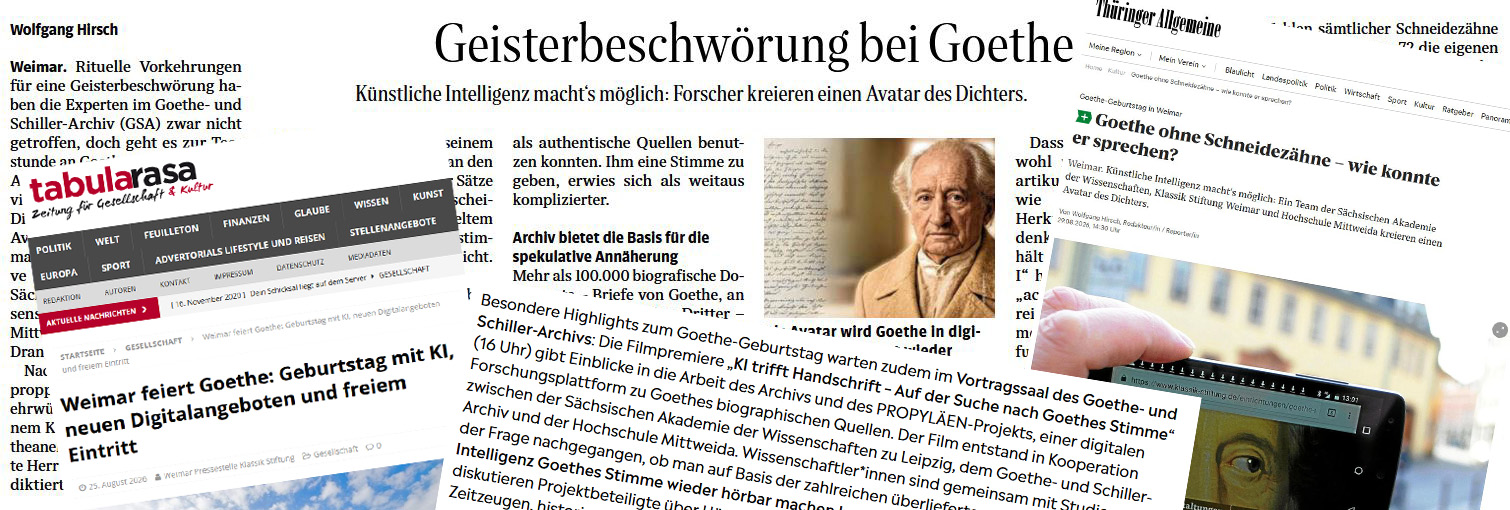 Collage mehrerer Zeitungs- und Internetartikel, erkennbar ist u.a. die Überschrift "Geisterbeschwörung bei Goethe" und ein KI-generiertes Porträt des Dichters