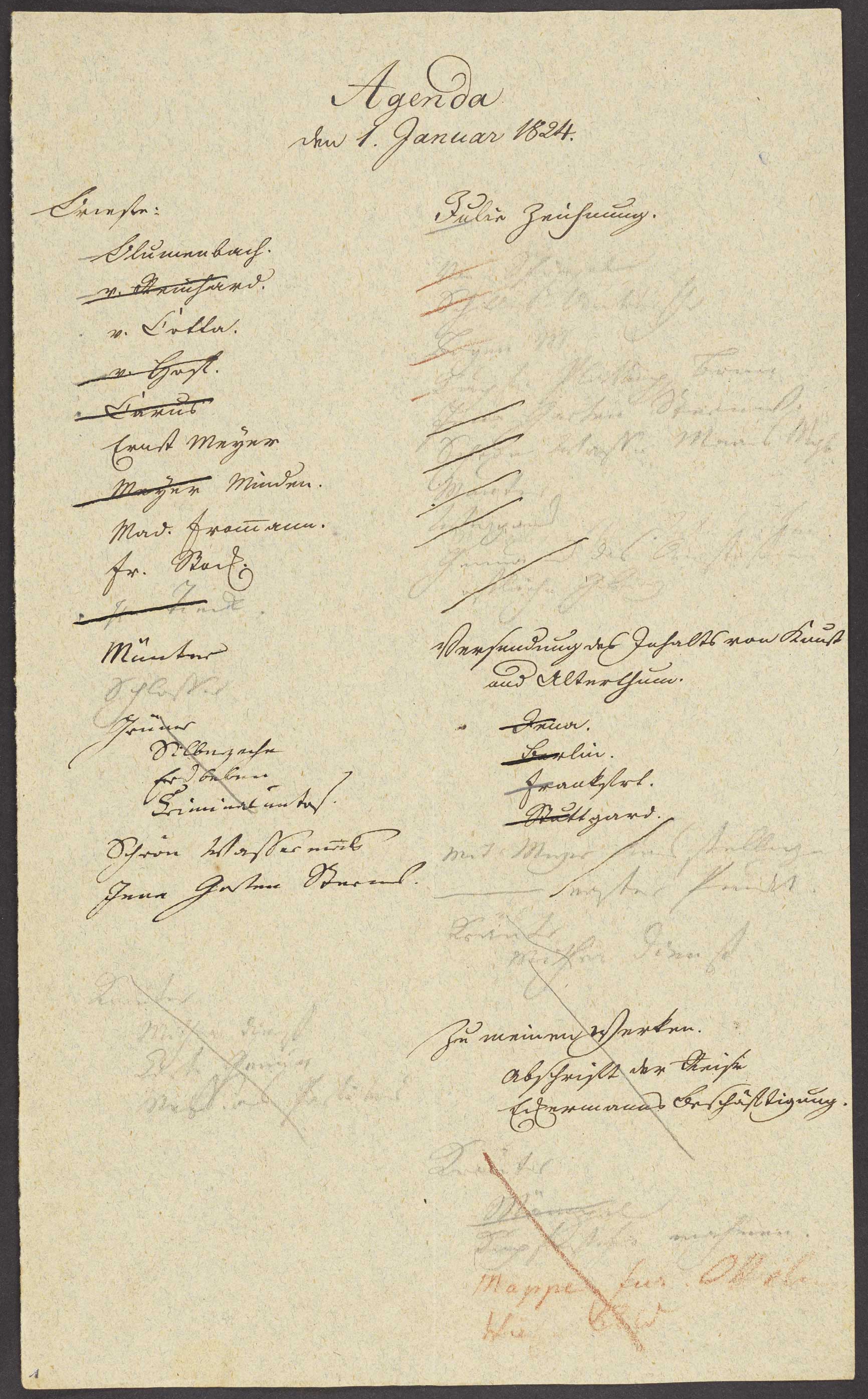 Geschwungene Schreibschrift in Tinte und Bleistift auf sepia-farbenenem Papier. Teile sind durchgestrichen.