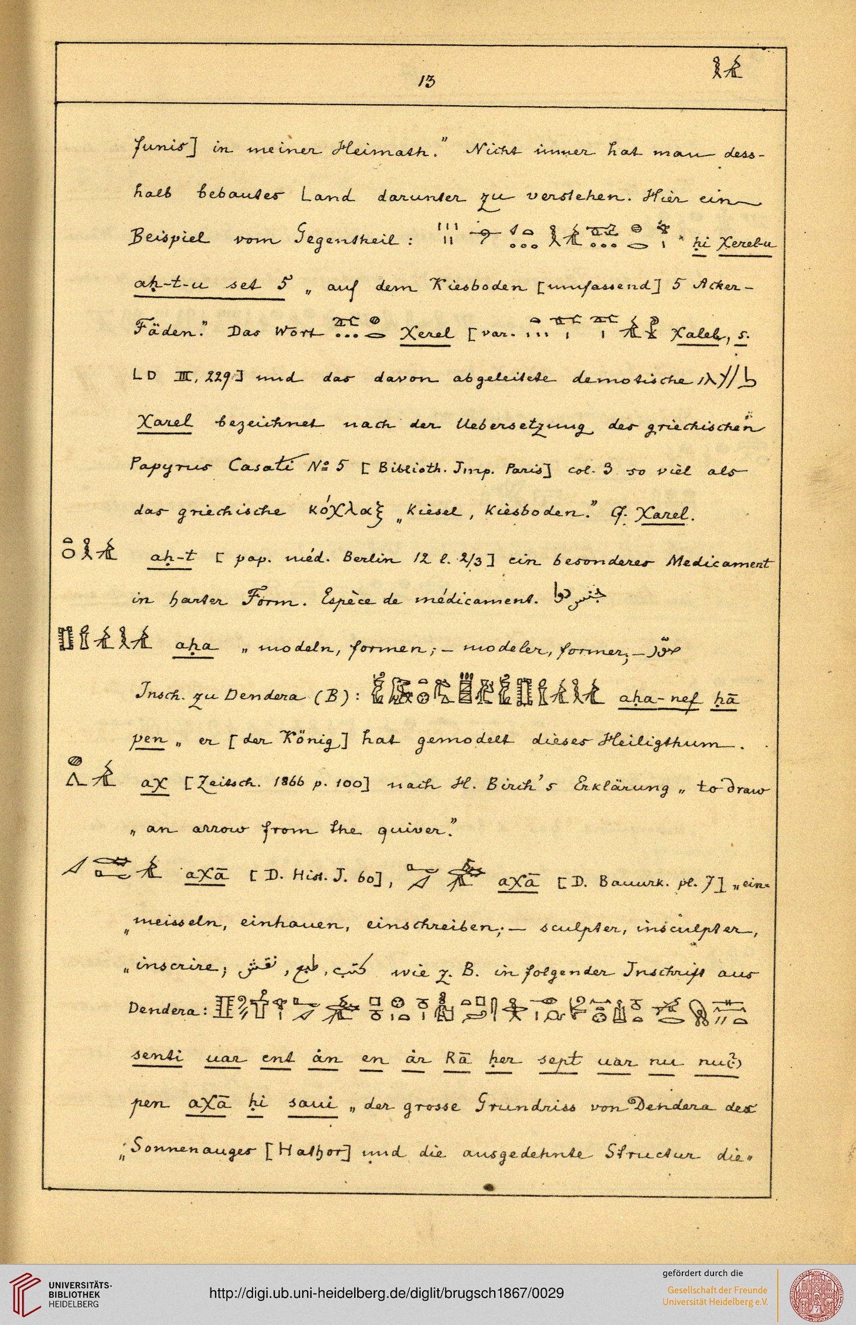 Buchseite mit einer (gedruckten) Schreibschrift in Deutsch sowie Hieroglyphen