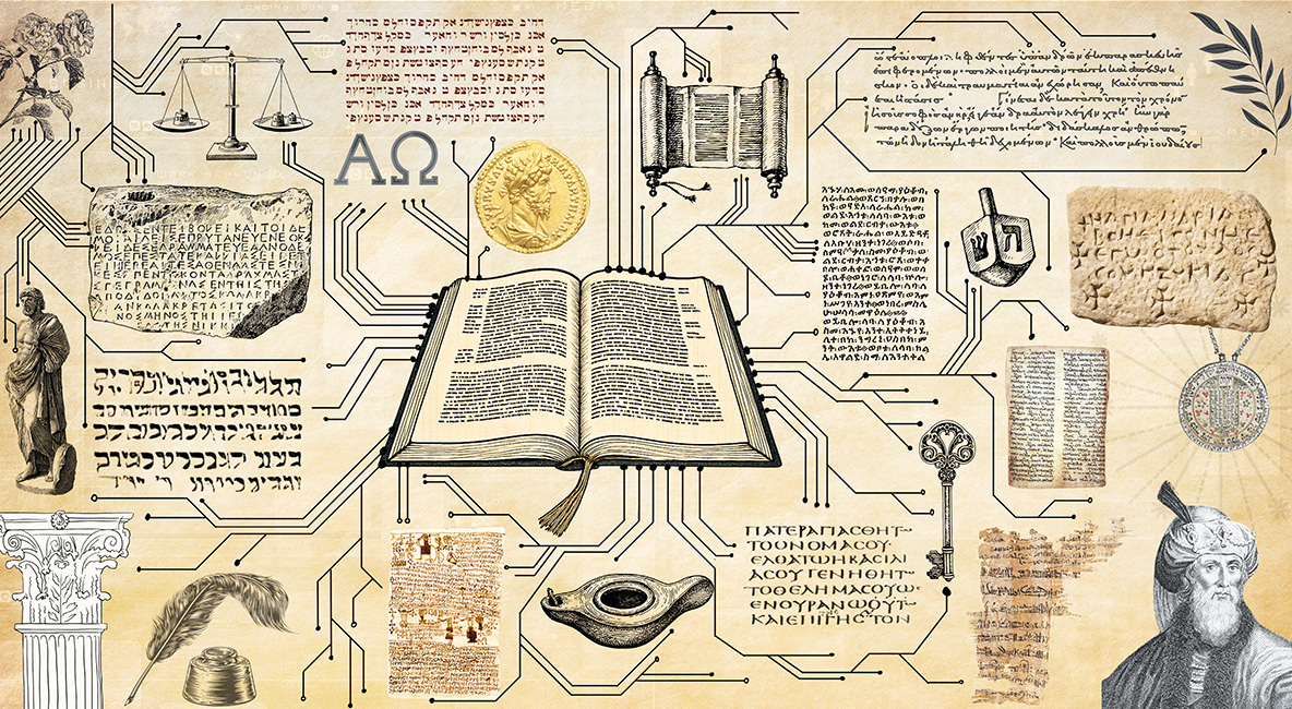 Bildmontage aus einem Buch, einer Torarolle und anderen religiösen Elementen und Schriften sowie Vernetzungslinien