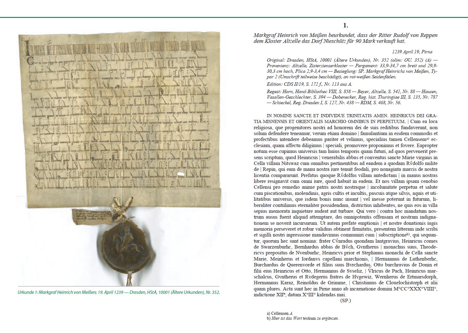 Alte Handschrift auf gelblichem Papier mit anhängendem Siegel. Daneben ist der Auszug aus einer Buchseite zu sehen, auf dem der Urkundentext zu lesen ist.