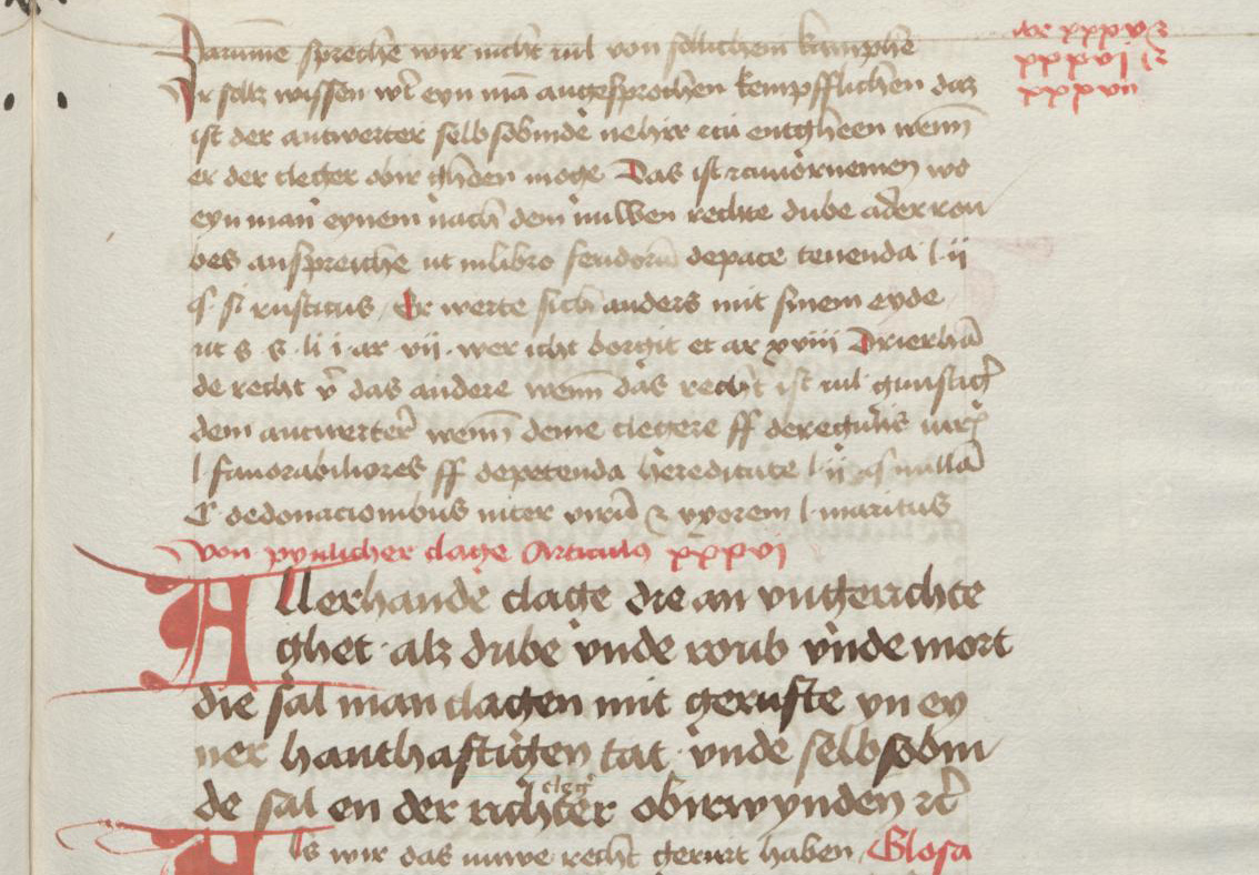 Historisches Manuskript der Weichbildvulgata mit brauner und roter Tinte