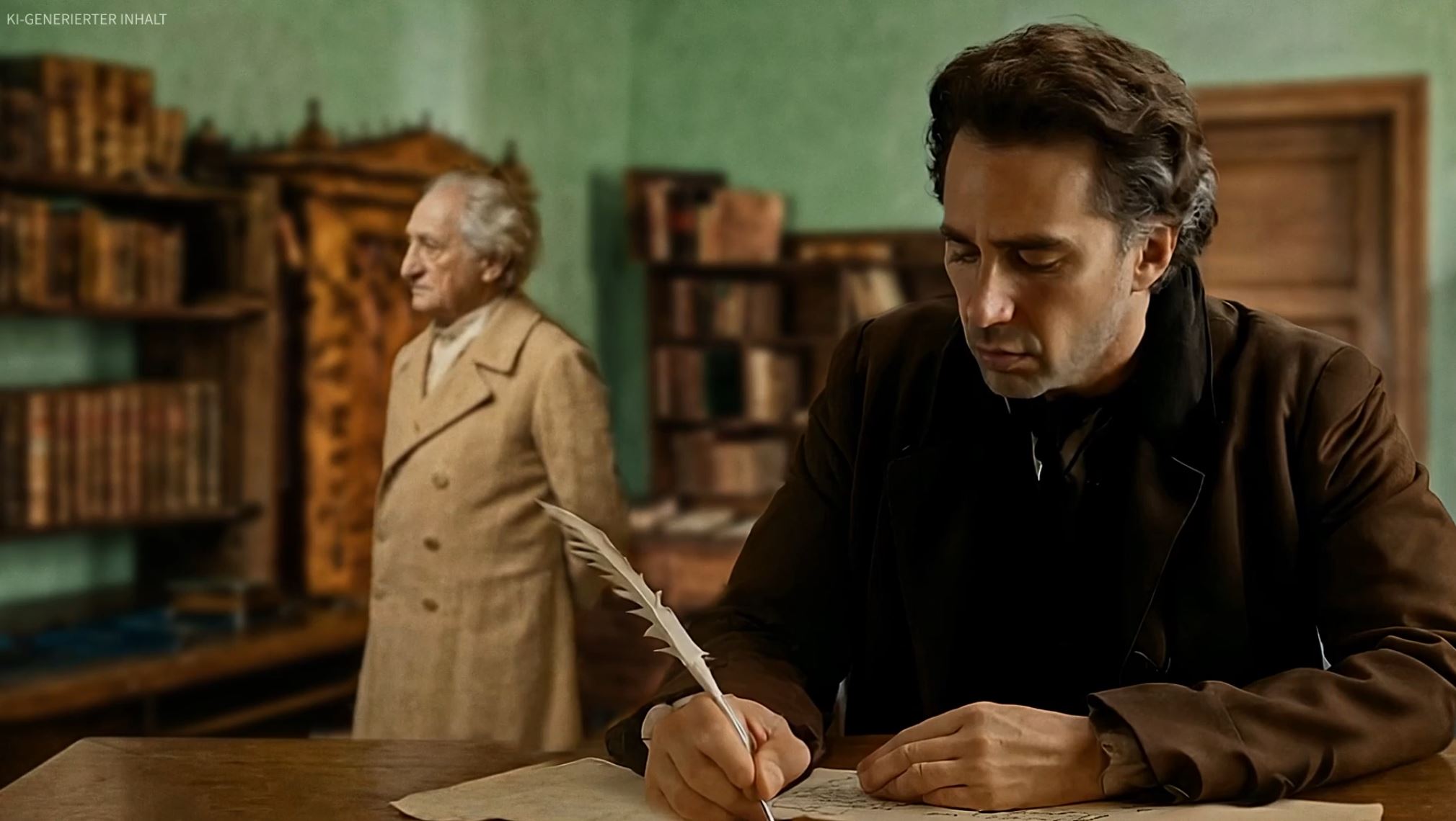 KI-generiertes Bild, Goethe läuft in seinem Arbeitszimmer auf und ab und diktiert seinem Schreiber, der im Vordergrund mit einer Schreibfeder an einem Tisch sitzt und schreibt.