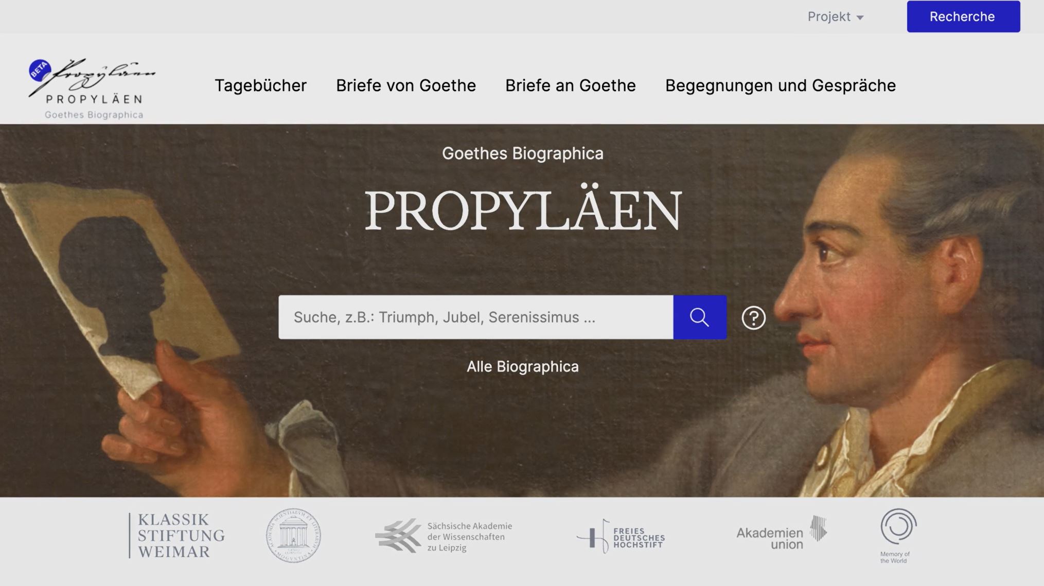 Startseite eine digitalen Forschungsportals. In der Mitte liest man in Großbuchstaben PROPYLÄEN, darunter befindet sich ein großes Suchfeld. Im Hintergrund ist ein Gemälde Goethes zu sehen.