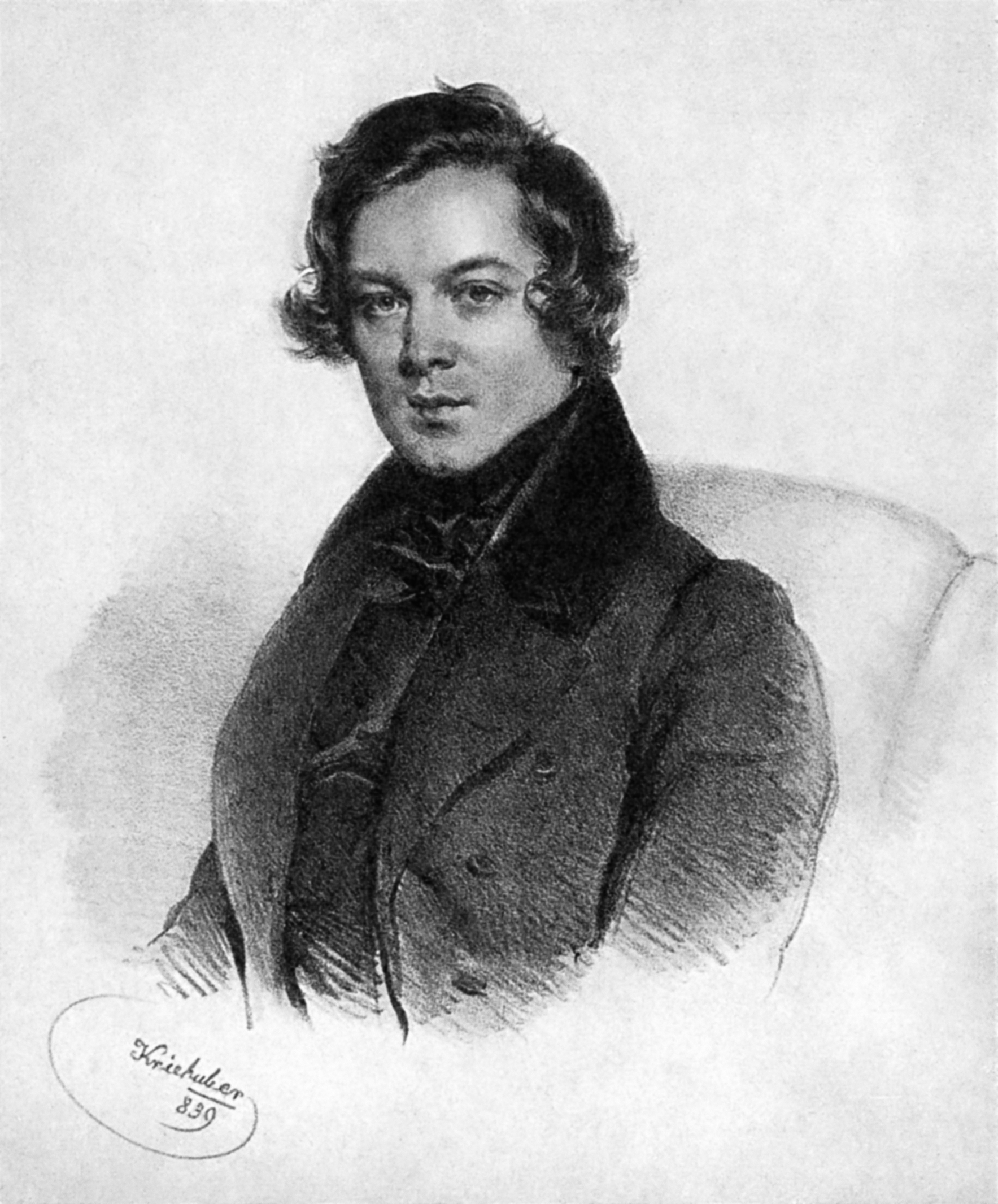 Gezeichnetes Porträt einer männlichen Person, man sieht Kopf und Oberkörper sowie unten den eingekreisten Schriftzug Kniehuber 839.
