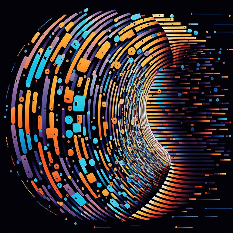 Reifenförmiges Gebilde, welches aus Datenbahnen unterschiedlicher Farben besteht, die kleinere, unterschiedliche Formen beinhalten. Horizontal scheinen weitere, ebenfalls farbige Datenbahnen durch den Reifen hindurchzugehen. 