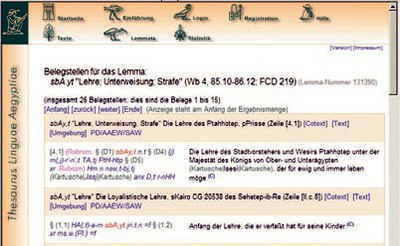 Auszug aus der Textdatenbank mit Belegstellen zum Lemma sbA.yt: „(Lebens)lehre“. Jedes Lemma erscheint in seinem Satzkontext, der bei Bedarf erweitert werden kann.