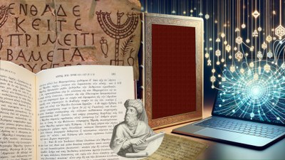 Collage unterschiedlicher Schriftquellen und der visualisierten digitalen Vernetzung antiker Korpora-Daten