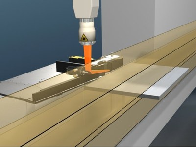 Simulierte Darstellung des Laserfügens als eine äußerst energieeffiziente Technologie zur Schmalflächenbeschichtung im Möbel- und Innenausbau. Bildquelle: TU Dresden