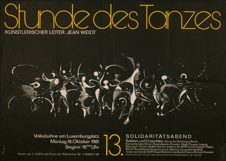 Tanzplakat von Guntram Walther zur Veranstaltungsreihe „Stunde des Tanzes“ an der Komischen Oper Berlin, Tanzarchiv Leipzig/Universitätsbibliothek Leipzig, Signatur: NL 408/504