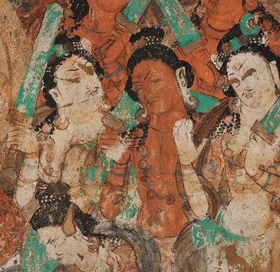 Mural fragment of a Buddha sermon scene, Kizil Cave 76 (Peacocks Cave), around 500 CE, Image: State Museums of Berlin, Asian Art Museum