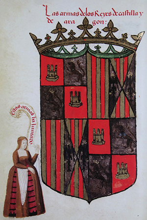 Wappen mit mehreren Feldern, in denen Burgen und senkrechte Streifen abgebildet sind, daneben eine Frau in historischer Kleidung mit Schriftband.