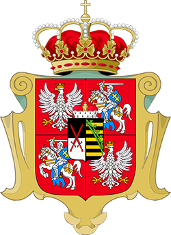 Wappen mit goldener Krone, vier roten Feldern mit zwei weißen Adlern und zwei Rittern, mittig ein Schild mit gekreuzten Schwertern und Streifen