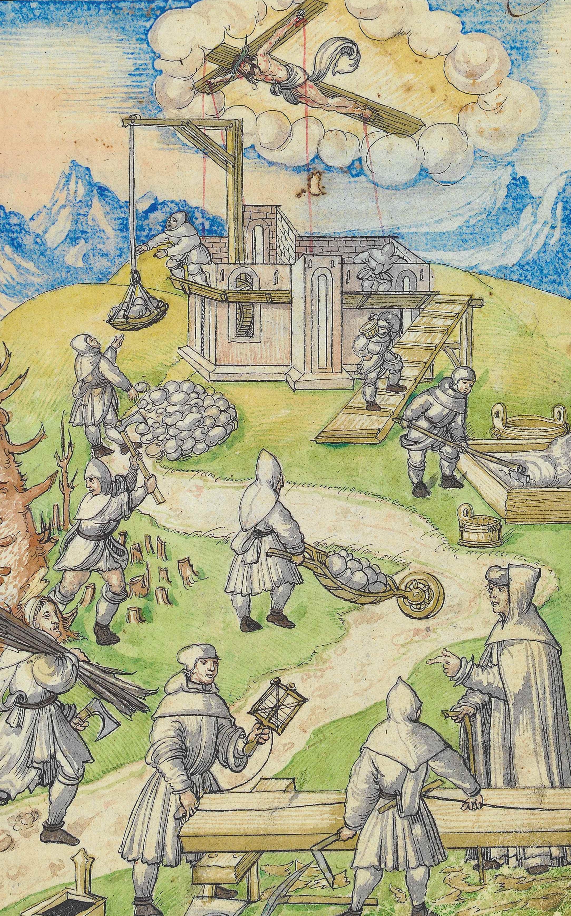 A medieval illuminated manuscript depicts a bustling outdoor building site where labourers are constructing a church or a monastery. In the foreground, carpenters are working on wooden beams with tools, whilst a man in a monk’s habit gives instructions. In the centre, a labourer is transporting stones in a wooden wheelbarrow, another is chiselling stones with a pickaxe, and labourers on ramps are carrying loads upwards. A large wooden crane lifts stones onto the unfinished stone building. Above the scene, suspended in a white cloud, is a depiction of Jesus Christ on the cross, from which red cords or lines lead downwards towards the building site. In the background, a hilly landscape stretches out with blue mountains beneath a bright sky.