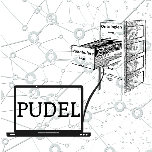 composition: black and white drawing of a filing cabinet with an open drawer labelled Vokabulare (vocabularies) and a laptop computer connected with it displaying the word Pudel. In the background there is a data network of bubbles and connecting lines