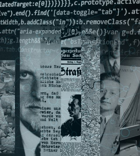 Black and white image composition consisting of extractss of archive documents such as images and newspaper clips. Another image layer shows software source code.